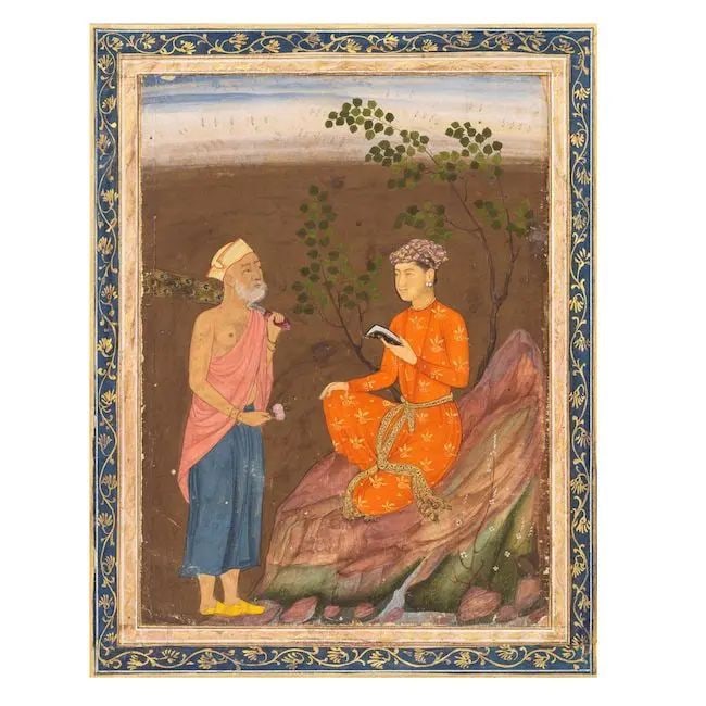 A prince seated on a rock reading, approached by a holy man Mughal, circa 1630-50: A prince seated on a rock reading, approached by a holy man Mughal, circa 1630-50 gouache and gold on paper, laid down on an album page with illuminated inner borders, gold-sprinkled outer borders pai