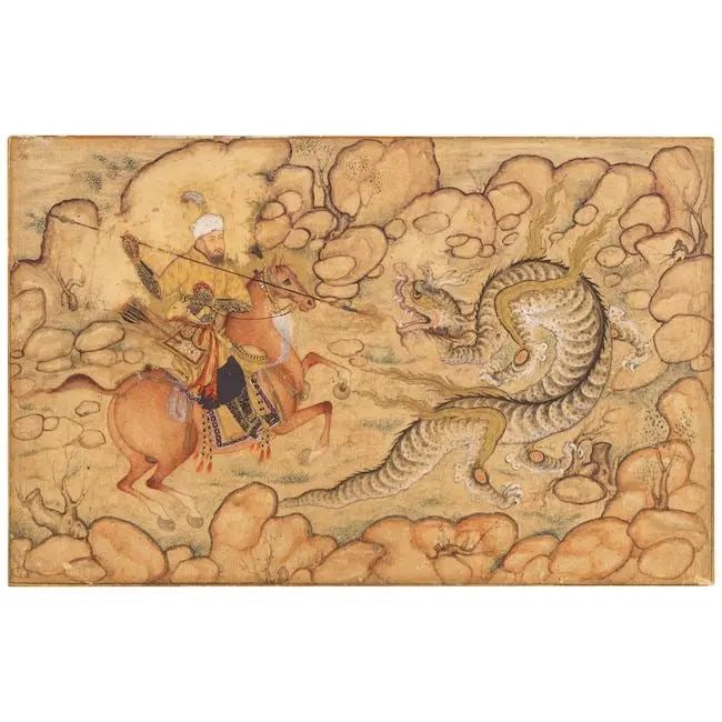 Rustam slaying a dragon in a rocky landscape Mughal, circa 1580: Rustam slaying a dragon in a rocky landscape Mughal, circa 1580 gouache and gold on paper, verso with a fragment of a leaf from a manuscript of Persian poetry written in nasta'liq in two columns 143 x