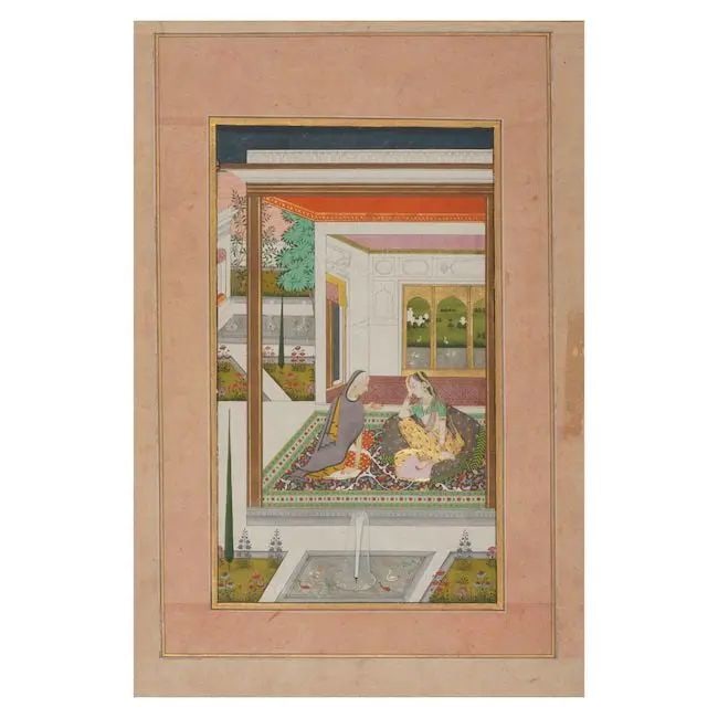 Patmanjari ragini: a lovelorn maiden with a duenna in a palace pavilion Deccan, Hyderabad, 1760-80: Patmanjari ragini: a lovelorn maiden with a duenna in a palace pavilion Deccan, Hyderabad, 1760-80 gouache and gold on paper, borders of pale pink paper 317 x 217 mm. Footnotes: Provenance The col