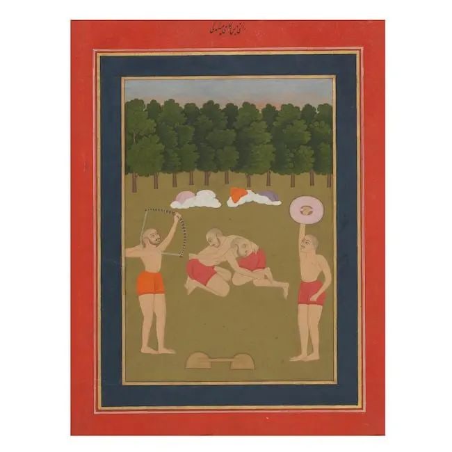 Deshakhaya ragini: wrestlers and acrobats training with weights, from the collection of Sir Elij...: Deshakhaya ragini: wrestlers and acrobats training with weights, from the collection of Sir Elijah Impey Provincial Mughal, perhaps Bikaner, late 18th Century gouache and gold on paper, blue and red b