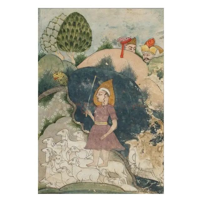 Yusuf herding sheep while in Egypt Deccan, 18th Century: Yusuf herding sheep while in Egypt Deccan, 18th Century gouache and gold on paper 103 x 65 mm. Footnotes: Provenance The collection of David Howard Maude-Roxby-Montalto, 14th Duke of Fragnito (b.1934)