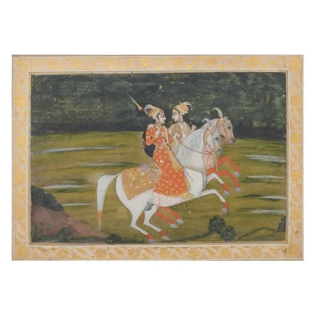 Baz Bahadur and Rupmati hunting on horseback Mughal, perhaps Delhi, late 18th Century: Baz Bahadur and Rupmati hunting on horseback Mughal, perhaps Delhi, late 18th Century gouache and gold on paper, gold floral border, reverse with a floral spray and borders in colours and gold, trimme