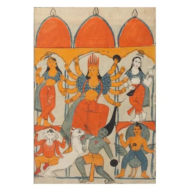 Three early Kalighat paintings, depicting Kali on the prostrate Siva, Durga killing the demon Ma... (1 of 1)