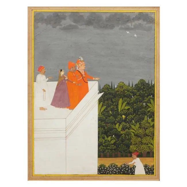 A Rajah with courtiers and attendants on a palace roof directing servants in a garden below Jai...: A Rajah with courtiers and attendants on a palace roof directing servants in a garden below Jaipur, circa 1790 gouache and gold on paper, yellow inner border and white margin rules, plain outer border