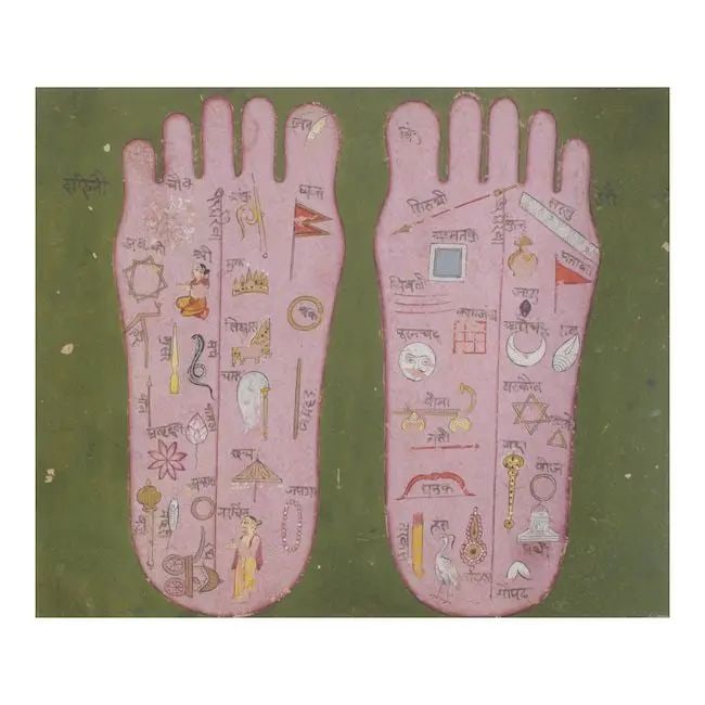The footprints of Vishnu Rajasthan, 18th Century: The footprints of Vishnu Rajasthan, 18th Century gouache and gold on paper, nagari inscriptions 135 x 165 mm. Footnotes: Provenance The collection of David Howard Maude-Roxby-Montalto, 14th Duke o