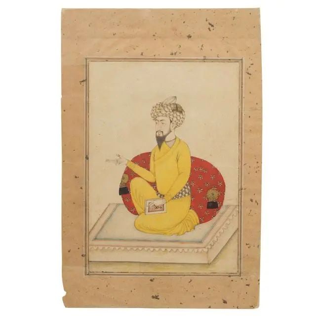 Babur seated against a bolster on a dais North India, perhaps Delhi, late 19th Century: Babur seated against a bolster on a dais North India, perhaps Delhi, late 19th Century gouache and gold on paper, gold-sprinkled outer borders 247 x 162 mm. Footnotes: Provenance The collection of Dav