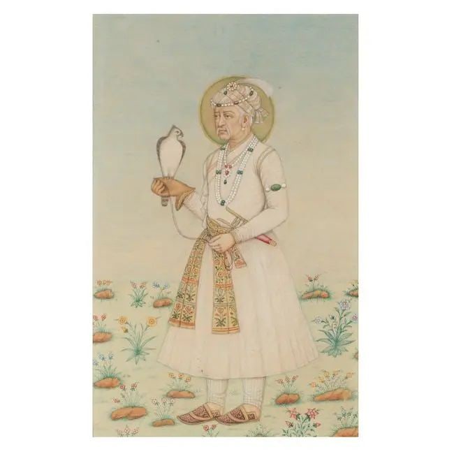 The Emperor Akbar standing a landscape with a falcon on his wrist North India, early 20th Century: The Emperor Akbar standing a landscape with a falcon on his wrist North India, early 20th Century gouache and gold on paper 158 x 100 mm. Footnotes: Provenance The collection of David Howard Maude-Rox