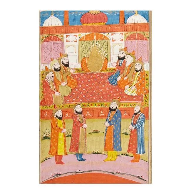 A manuscript illustration depicting a mystical flame in the alcove of a mosque, observed by nobl... (1 of 1)