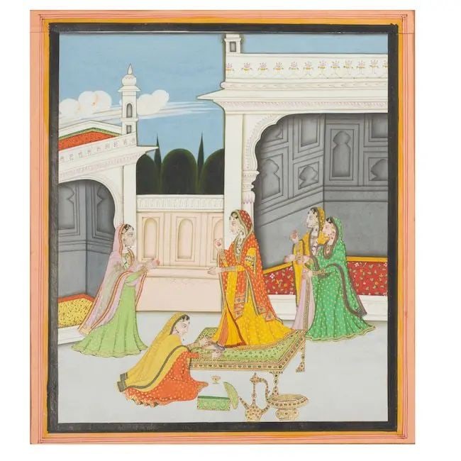 A princess adorned by her attendants on a palace terrace Pahari, Kangra, circa 1840-50: A princess adorned by her attendants on a palace terrace Pahari, Kangra, circa 1840-50 gouache and gold on paper, pink outer border, English inscription verso 288 x 255 mm. Footnotes: Provenance The c