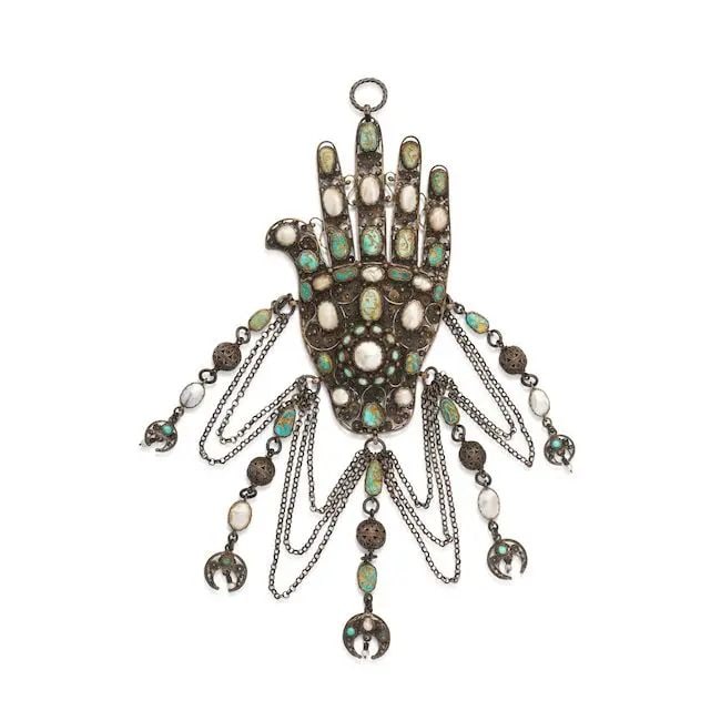 A Qajar silver filigree turquoise and pearl-set hand of Fatima Persia, 19th Century (1 of 1)