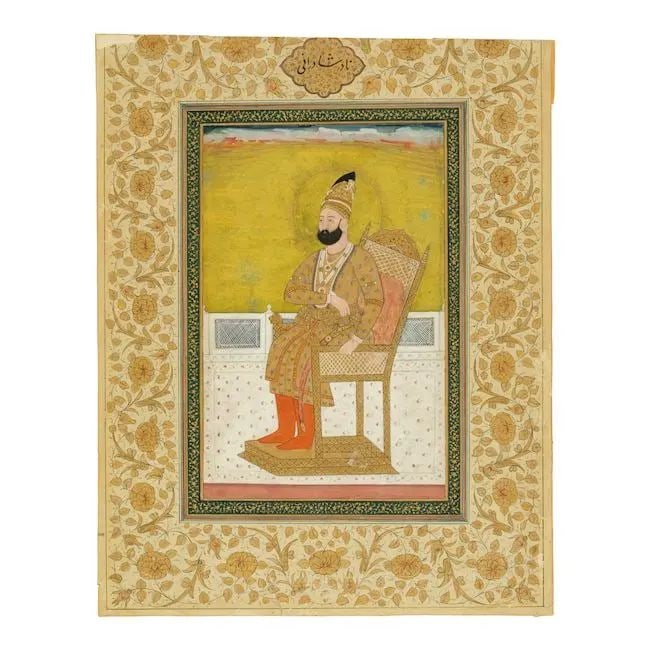 Nadir Shah Afshar (reg. 1736-47) enthroned on a terrace Deccan, second half of the 18th Century: Nadir Shah Afshar (reg. 1736-47) enthroned on a terrace Deccan, second half of the 18th Century gouache and gold on paper, probably later gold floral borders (Delhi, 19th Century), cartouche in upper 