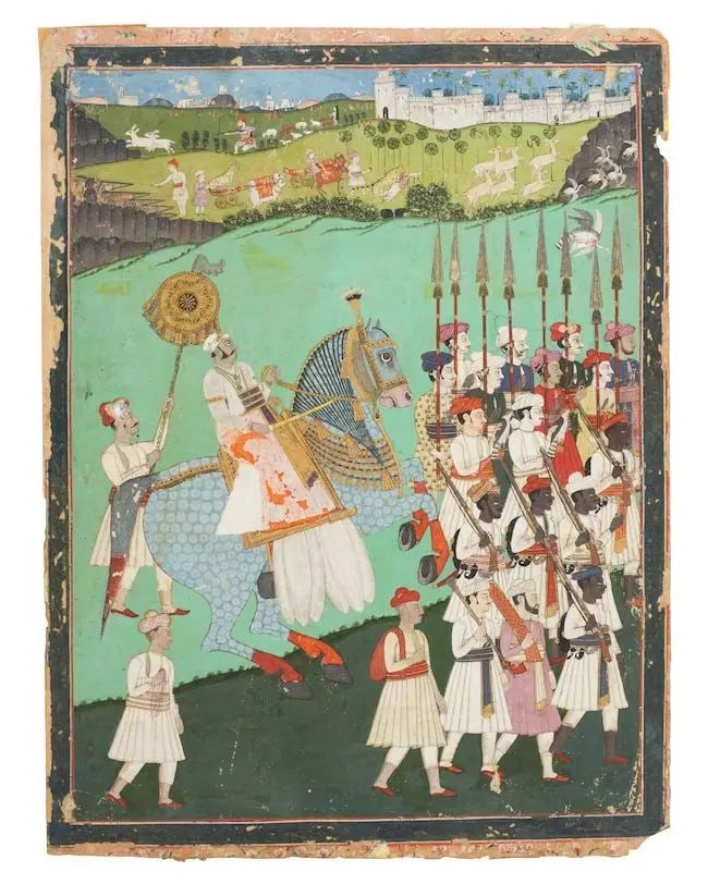 A Hyderabad prince on horseback with an extensive retinue of soldiers, attributed to the artist ...: A Hyderabad prince on horseback with an extensive retinue of soldiers, attributed to the artist Rai Venkatchellam Deccan, Hyderabad, circa 1800 gouache and gold on paper, inner border with foliate mot