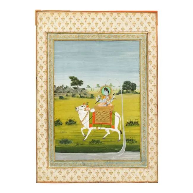 Siva, the Ganges flowing from his head, riding with Parvati on Nandi through a landscape Provinc...: Siva, the Ganges flowing from his head, riding with Parvati on Nandi through a landscape Provincial Mughal, Oudh, second half of the 18th Century gouache and gold on paper, laid down on an album page 