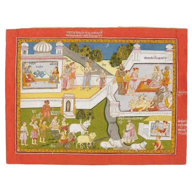A scene from a Bhagavata Purana series, perhaps depicting Nanda and the gopas approaching the en...: A scene from a Bhagavata Purana series, perhaps depicting Nanda and the gopas approaching the enthroned King Khamsa Datia, circa 1800 gouache and gold on paper, captions in nagari script in white with