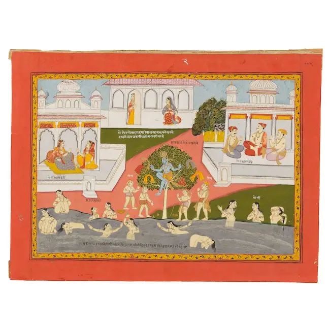 A scene from a Bhagavata Purana series: Krishna stealing the gopis' clothes and hiding them in a...: A scene from a Bhagavata Purana series: Krishna stealing the gopis' clothes and hiding them in a tree Datia, circa 1800 gouache and gold on paper, captions in nagari script in white and black within i