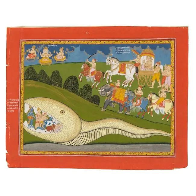 A scene from the Bhagavata Purana: Krishna and his gopi followers entering the mouth of the Snak...: A scene from the Bhagavata Purana: Krishna and his gopi followers entering the mouth of the Snake-Demon Aghasura Datia, circa 1800 gouache and gold on paper, captions in nagari script in white within 
