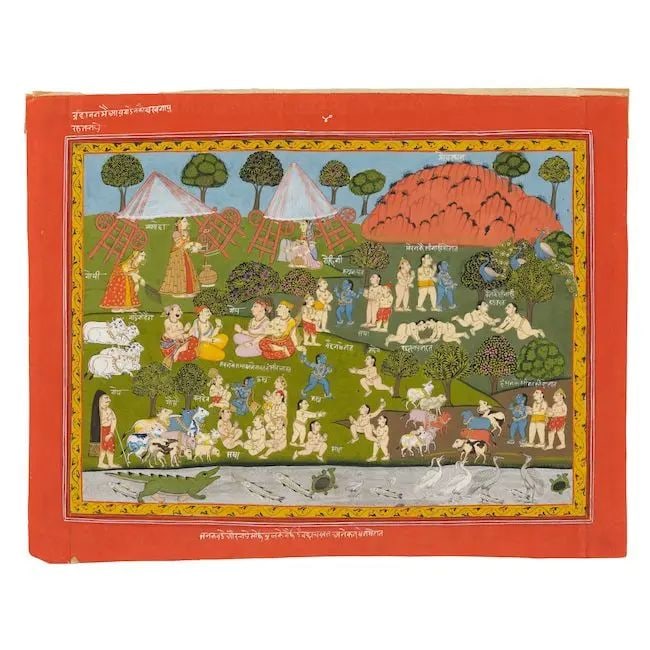 A scene from a Bhagavata Purana series: Krishna as a child with Yashoda and child-gopis Datia, c...: A scene from a Bhagavata Purana series: Krishna as a child with Yashoda and child-gopis Datia, circa 1800 gouache and gold on paper, captions in nagari script in white within image and in red border, 