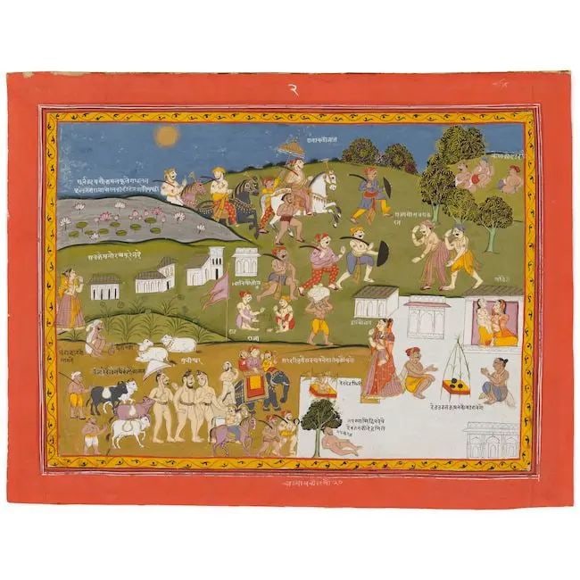 A scene from a Bhagavata Purana series, perhaps depicting Vasudeva greeting Nanda in the forest ...: A scene from a Bhagavata Purana series, perhaps depicting Vasudeva greeting Nanda in the forest Datia, circa 1800 gouache and gold on paper, captions in nagari script in white within image and in red 