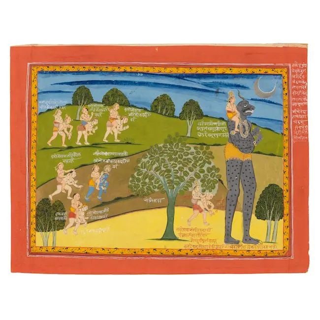 A scene from a Bhagavata Purana series: Balarama riding on the shoulders of the giant demon Pral...: A scene from a Bhagavata Purana series: Balarama riding on the shoulders of the giant demon Pralamba, as the cowherds play in the forest Datia, circa 1800 gouache and gold on paper, captions in nagari