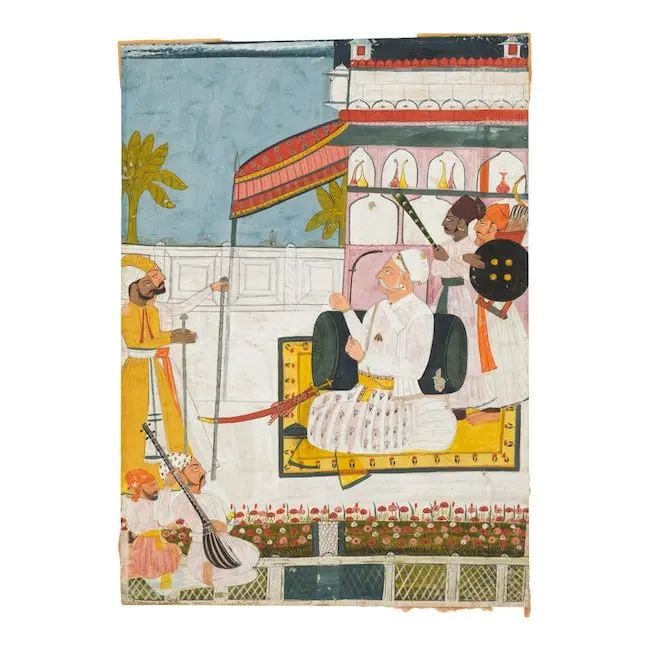 A Rajah with musicians and attendants on a terrace Marwar, second half of the 18th Century: A Rajah with musicians and attendants on a terrace Marwar, second half of the 18th Century gouache and gold on paper, borders trimmed 310 x 227 mm. Footnotes: Provenance Property from a distinguished 