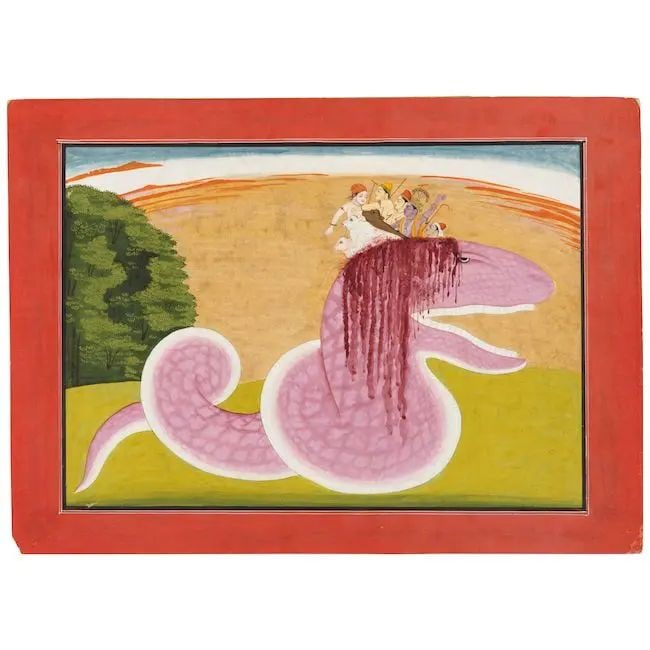 An illustration from the 'large' Guler-Basohli Bhagavata Purana series, depicting Krishna and th...: An illustration from the 'large' Guler-Basohli Bhagavata Purana series, depicting Krishna and the Gopis forcing their way out of the mouth of the snake demon Aghasura, and killing him Attributable to 
