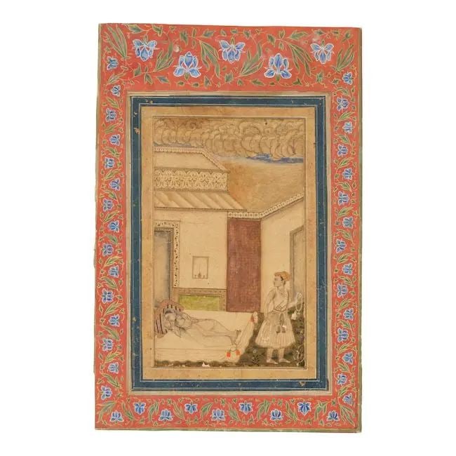 Lalit ragini: a prince carrying a garland leaving his mistress asleep in a palace chamber Mughal...: Lalit ragini: a prince carrying a garland leaving his mistress asleep in a palace chamber Mughal, mid-18th Century gouache and gold on paper, laid down on a large album page with gold-decorated and fl