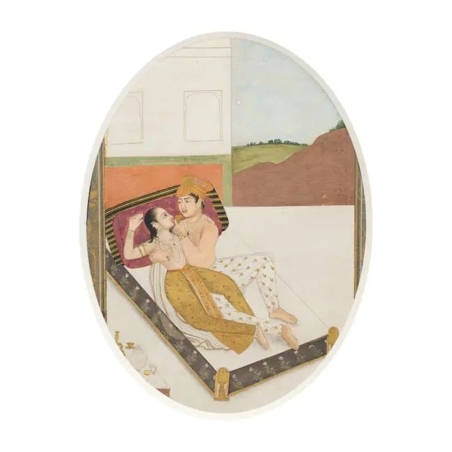 A prince reclining on a bed with his mistress on a palace terrace Mughal, 18th Century: A prince reclining on a bed with his mistress on a palace terrace Mughal, 18th Century gouache and gold on paper, verso a calligraphic album page with two couplets of text in nasta'liq in black ink wr