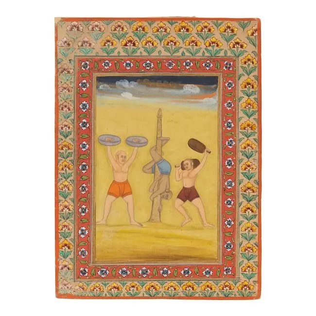 Deshakhaya ragini: acrobats training with weights Provincial Mughal, late 18th Century: Deshakhaya ragini: acrobats training with weights Provincial Mughal, late 18th Century gouache and gold on paper, stylised floral borders, nagari inscription verso 242 x 175 mm. This lot is subject to
