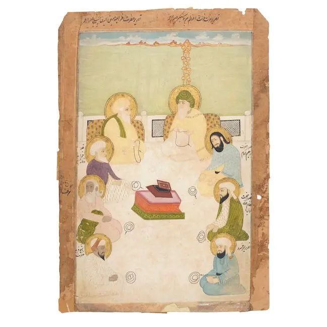 An imagined gathering of famous sufi figures, including 'Abd al-Qadir Gilani Deccan, 18th Century: An imagined gathering of famous sufi figures, including 'Abd al-Qadir Gilani Deccan, 18th Century gouache and gold on paper, numerous Persian identifying inscriptions, brown border 301 x 205 mm. Footn