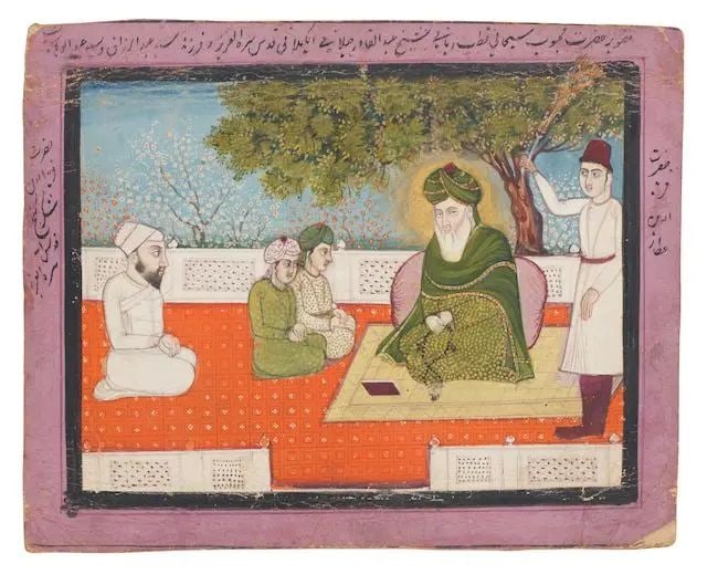 An imagined gathering of sufis and poets on a garden terrace, including 'Abd al-Qadir Gilani Nor...: An imagined gathering of sufis and poets on a garden terrace, including 'Abd al-Qadir Gilani North India, late 18th Century gouache and gold on paper, black and mauve borders, identifying inscriptions