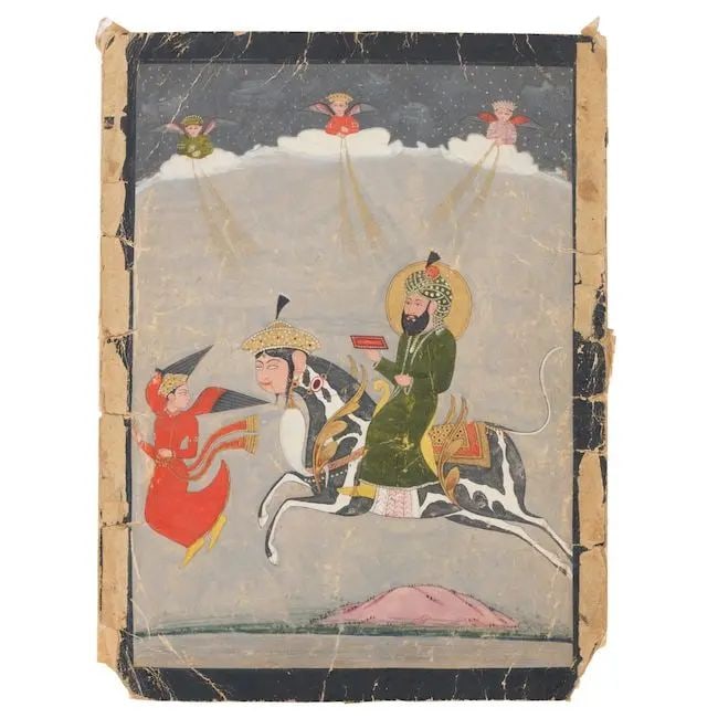 The night-ride (mi'raj) of the Prophet on Buraq, accompanied by angels Deccan, 18th Century: The night-ride (mi'raj) of the Prophet on Buraq, accompanied by angels Deccan, 18th Century gouache and gold on paper, dark blue border 245 x 188 mm. Footnotes: For a Deccan depiction of the mi'raj, l