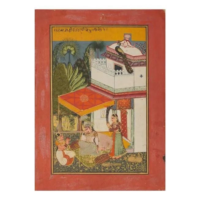 A maiden with two attendants, a peacock on the roof of the pavilion above, perhaps illustrating ...: A maiden with two attendants, a peacock on the roof of the pavilion above, perhaps illustrating Patmanjari ragini Bundi, late 18th Century gouache and gold on paper, yellow panel at top with one line 