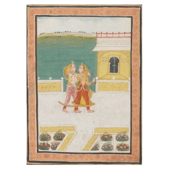 Two maidens arm-in-arm on a terrace, one holding a bottle Bundi, late 18th Century: Two maidens arm-in-arm on a terrace, one holding a bottle Bundi, late 18th Century gouache and gold on paper, salmon pink floral border 306 x 226 mm. Footnotes: Provenance Private US collection. This