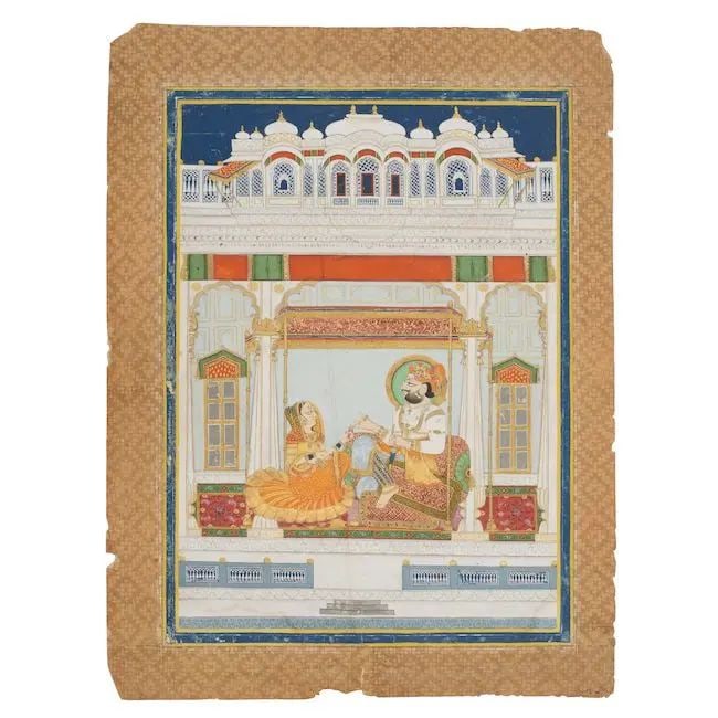 Maharajah Man Singh (reg. 1804-43) seated with a consort on a swing on a palace terrace Jodhpur,...: Maharajah Man Singh (reg. 1804-43) seated with a consort on a swing on a palace terrace Jodhpur, circa 1830-40 gouache and gold on paper, outer border with geometric motifs, nagari inscription verso 3
