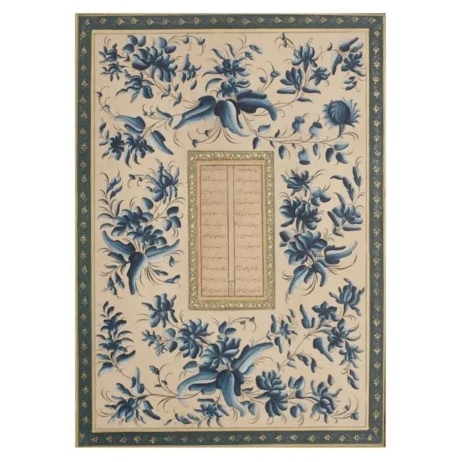 A page from the Polier Album, depicting a maiden walking on a terrace at night, shading a lamp w...: A page from the Polier Album, depicting a maiden walking on a terrace at night, shading a lamp with her veil, with a Safavid calligraphic panel verso by Muhammad Qasim Lucknow, circa 1760-70 gouache a