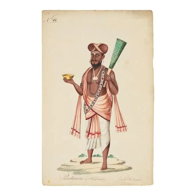 Three paintings depicting an official, a Hindu mendicant and a Muslim water-carrier South India,...: Three paintings depicting an official, a Hindu mendicant and a Muslim water-carrier South India, probably Pondicherry, circa 1822 watercolours on watermarked paper, one Whatman 1822, French identifyin
