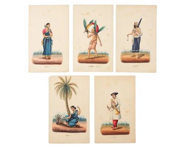 Five paintings of tradespeople and other figures South India, Tanjore, mid-19th Century(5): Five paintings of tradespeople and other figures South India, Tanjore, mid-19th Century watercolours on paper, identifying inscriptions in German 216 x 130 mm.(5) Footnotes: The figures are: a man wit