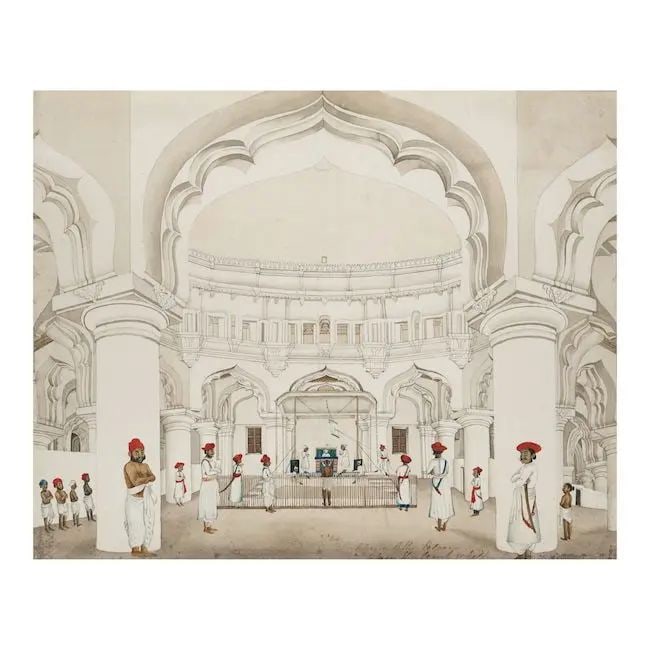 The interior of Tirumala Nayak's palace at Madura, depicting a magistrate's court in session, wi...: The interior of Tirumala Nayak's palace at Madura, depicting a magistrate's court in session, with Charles Robert Baynes presiding South India, circa 1850 watercolour on paper, English inscriptions at