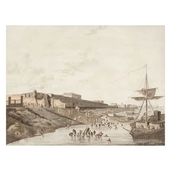 Circle of Thomas Daniell (British, 1749-1840), The Old Fort Ghaut, Calcutta circa 1790: Circle of Thomas Daniell (British, 1749-1840), The Old Fort Ghaut, Calcutta circa 1790 some pencil, pen and ink and watercolour on Honig and Zoonen watermarked laid paper, inscription below in French 