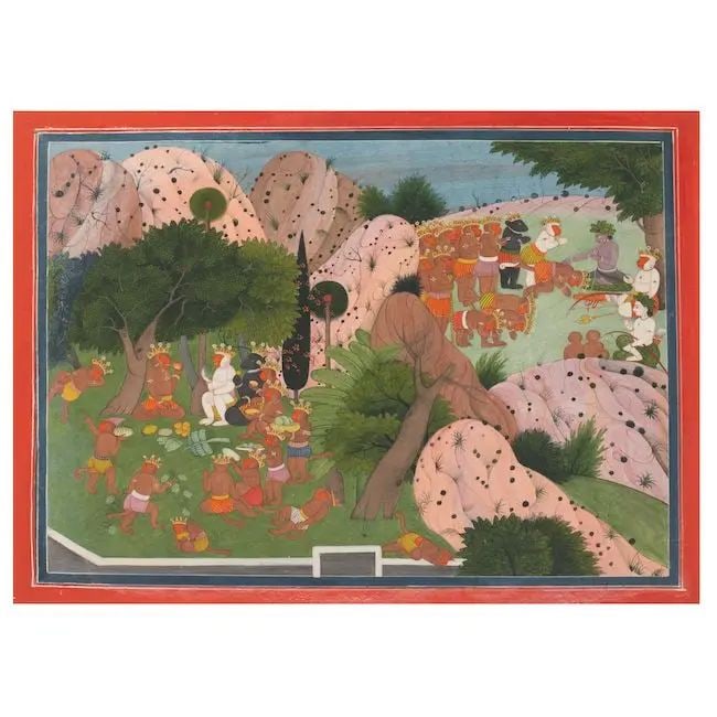 A scene from the Ramayana, depicting the monkeys devastating the Madhuvana Grove, gorging themse...: A scene from the Ramayana, depicting the monkeys devastating the Madhuvana Grove, gorging themselves on fruit and honey, before returning to Rama Chamba, circa 1800-1810 gouache, silver and gold on pa