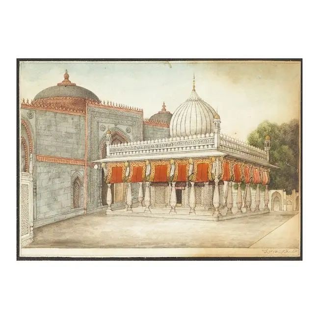 Six paintings of monuments in Delhi, by an artist in the circle of Ghulam 'Ali Khan or Mazhar 'A...: Six paintings of monuments in Delhi, by an artist in the circle of Ghulam 'Ali Khan or Mazhar 'Ali Khan Delhi, circa 1840-60 watercolour and gold on paper, black margin rules, English identifying insc