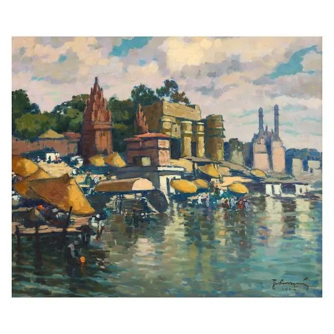 A view of the ghats at Benares, with the Mosque of Aurangzeb in the background European School, ... (1 of 1)