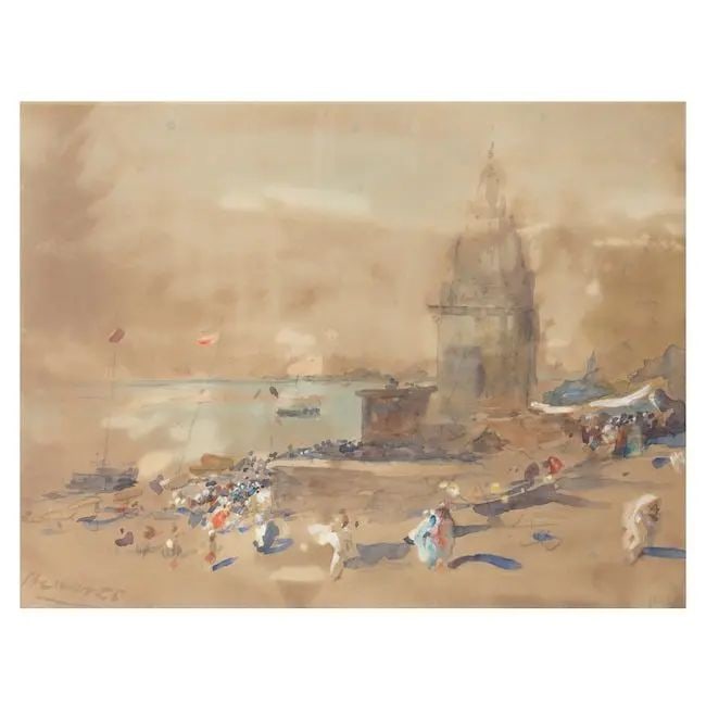 A view of the ghat at Benares, by Hercules Brabazon Brabazon (British, 1821-1906) circa 1875-76: A view of the ghat at Benares, by Hercules Brabazon Brabazon (British, 1821-1906) circa 1875-76 pencil and watercolour on paper, signed H B B lower right, inscribed Benares lower left 218 x 287 mm. (s