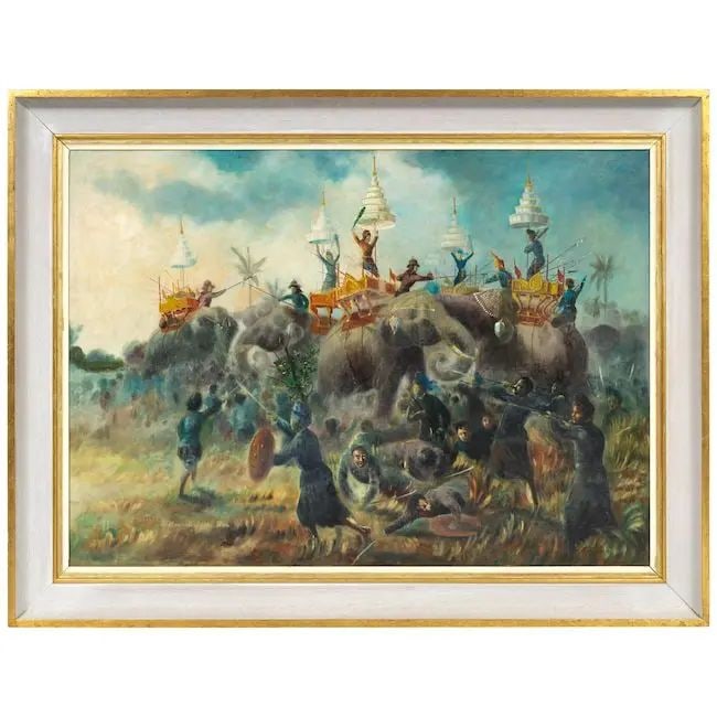 A battle scene, with elephants and infantry in combat, depicting an engagement in the wars of th...: A battle scene, with elephants and infantry in combat, depicting an engagement in the wars of the 16th Century between the Siamese and Burmese Thailand, circa mid-20th Century oil on canvas, signed an