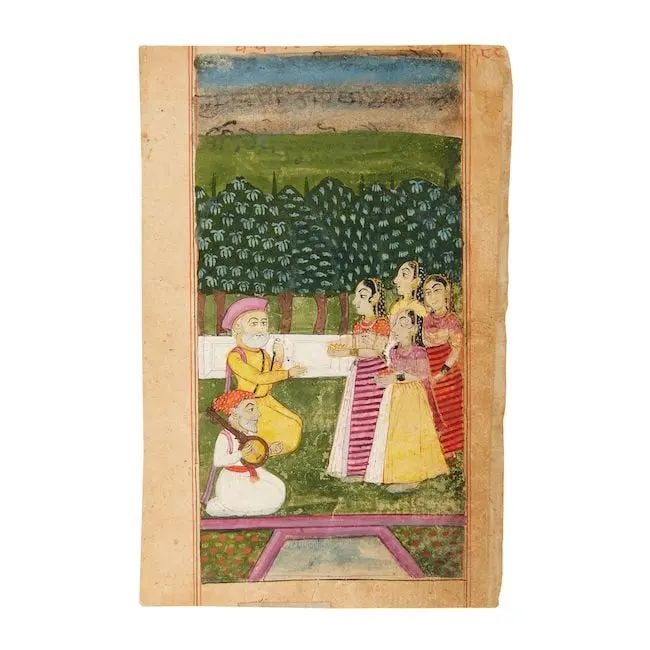 A rare early folio from a Janamsakhi manuscript depicting a story from the life of Guru Nanak, p...: A rare early folio from a Janamsakhi manuscript depicting a story from the life of Guru Nanak, perhaps the story of the courtesans of Kamrup visiting the Guru Punjab, circa 1740 gouache and gold on pa