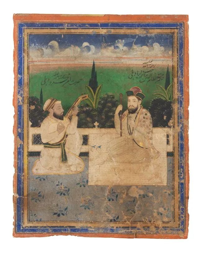 Guru Nanak with Mardana playing the rebec, identified as the sufi saint Nizam al-Din Awliya' sea...: Guru Nanak with Mardana playing the rebec, identified as the sufi saint Nizam al-Din Awliya' seated on a terrace, listening to the poet Amir Khusraw Dehlavi playing a musical instrument North India, l