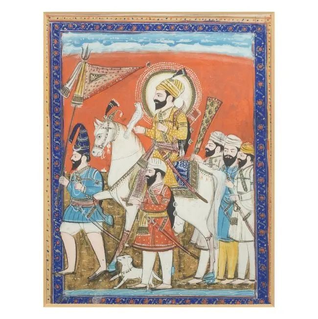 Guru Gobind Singh on horseback with an akali and other attendants Punjab, circa 1850: Guru Gobind Singh on horseback with an akali and other attendants Punjab, circa 1850 gouache and gold on paper, blue floral border 225 x 170 mm. Footnotes: In his entourage are five Sikh representativ