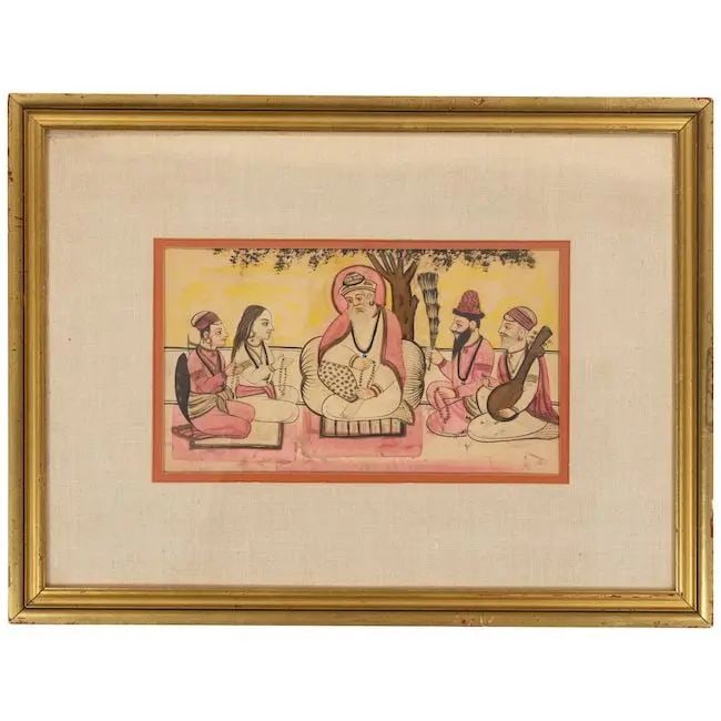 Guru Nanak seated on a terrace with Bala and Mardana, and unusually portrayed with his two sons,...: Guru Nanak seated on a terrace with Bala and Mardana, and unusually portrayed with his two sons, Siri Chand, the Udasi ascetic, and Lakhmi Das Punjab, circa 1850-70 watercolour with some gold on paper