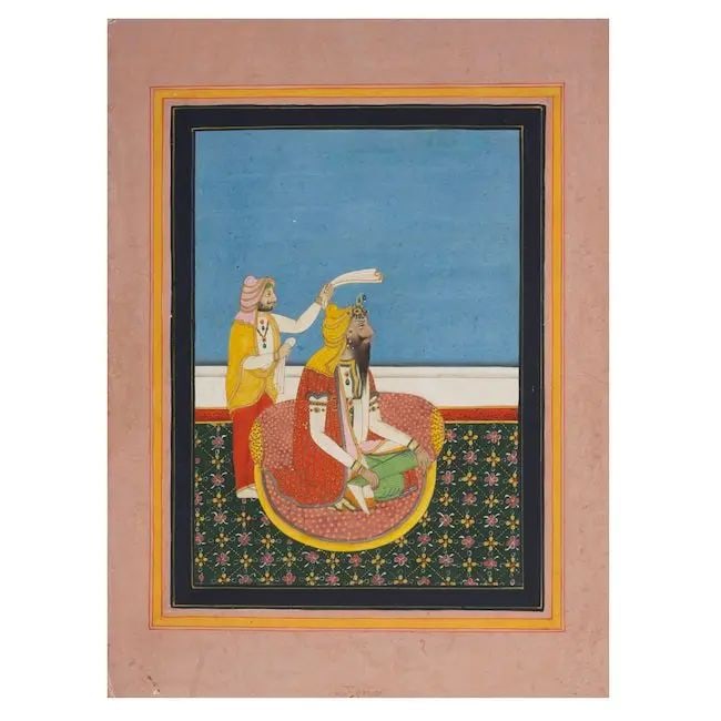 Maharajah Kharak Singh seated on a terrace with an attendant waving a flywhisk Punjab, mid-19th ...: Maharajah Kharak Singh seated on a terrace with an attendant waving a flywhisk Punjab, mid-19th Century gouache and gold on paper, dark blue and yellow inner borders, dull pink outer border 310 x 233 