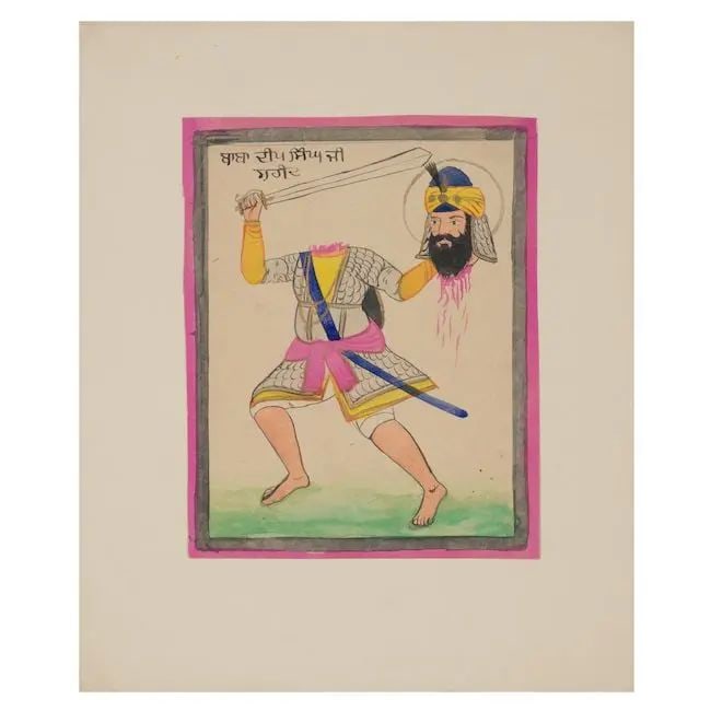 The Sikh martyr Babadeep Singh Punjab, probably Amritsar, attributed to Gian Singh 'Naqqash' (18...: The Sikh martyr Babadeep Singh Punjab, probably Amritsar, attributed to Gian Singh 'Naqqash' (1883-1953), early 20th Century gouache and gold on paper, black and mauve borders, gurmukhi inscription at